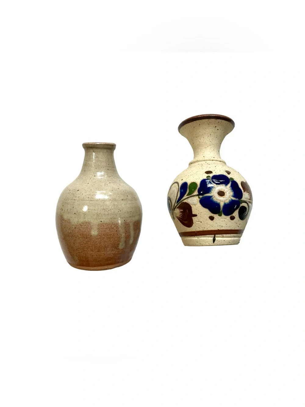 Vintage Signed Pottery Bud Vase Lot of 2 Libby 1985 Tonala Mexico Floral